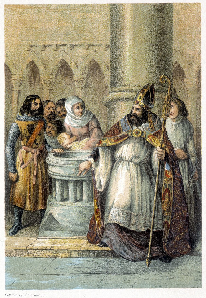 Notger (930 - 1008), Liegen eveque Saksan kuninkaan Otton III:n (980-1002) kasteen aikana. 1800-luvun kromolitografia. tekijältä Unknown artist