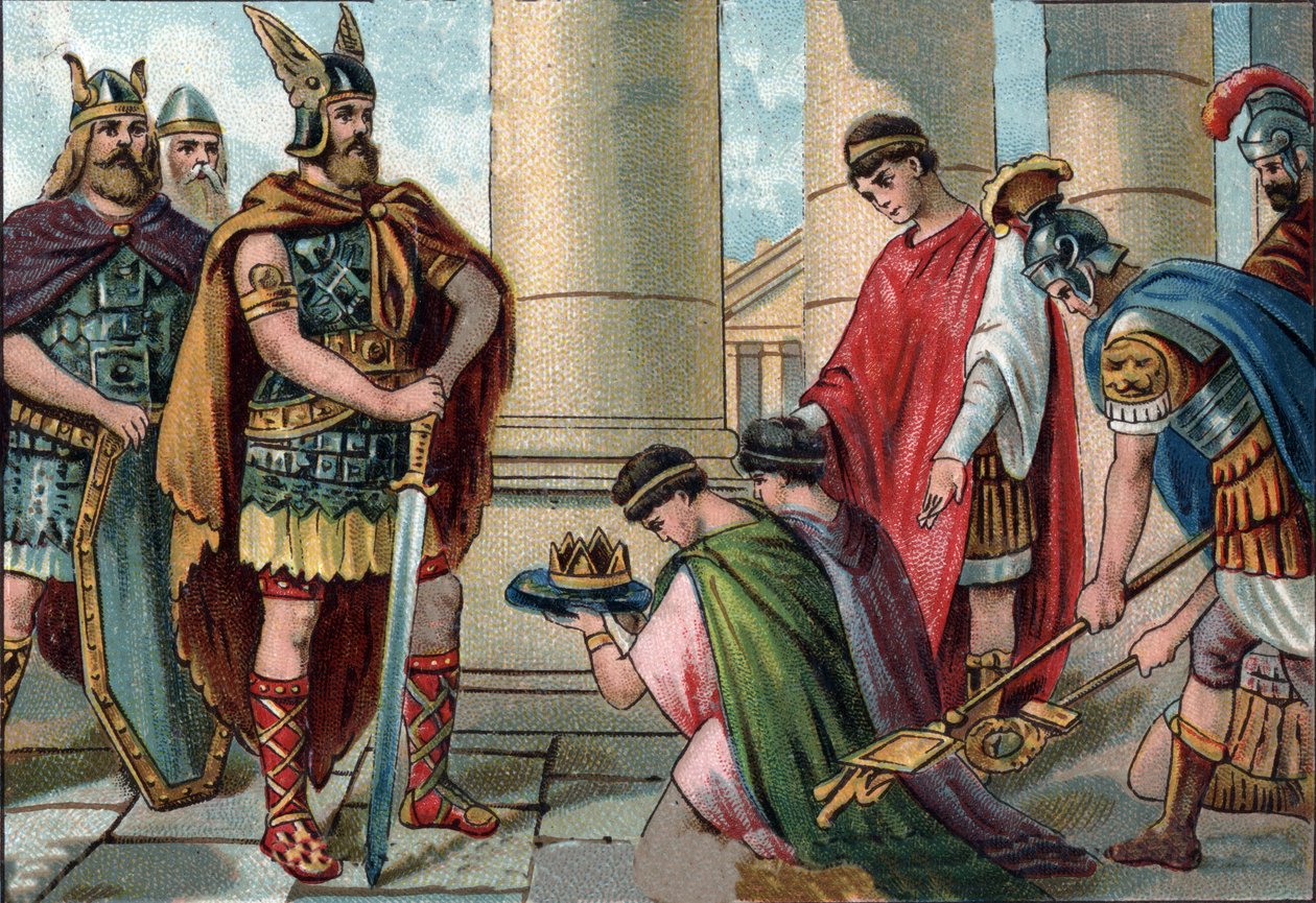 Odoacre (Odovacar, 435-493), Herulesin päällikkö, velvoittaa luopumaan vallasta Romulus Augustulen, latinaksi Flavius Romulus Augustus (tai Romulus Augustulus (siellä). Romolo Augustolo), noin 460 - 511, Rooman viimeinen keisari länteen vuonna 476. Kromoli tekijältä Unknown artist