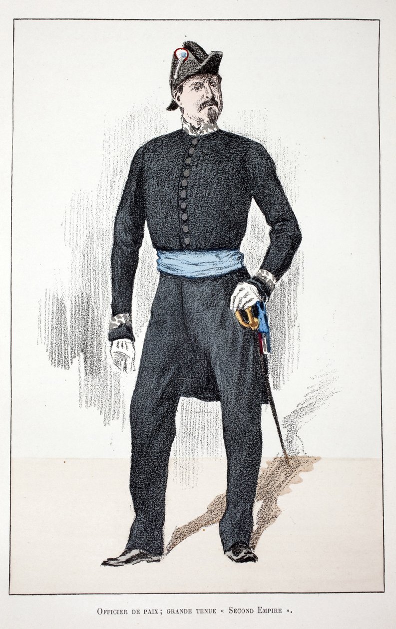 Suuren toisen imperiumin rauhanupseeri (1852-1870). Etsaus väreillä, havainnollistava "History of the Corps of Peacekeepers"" -kirja, jonka on julkaissut Louis Lepinen (1846-1933) Seinen poliisin prefekti, Alfred Rey (1864-). tekijältä Unknown artist
