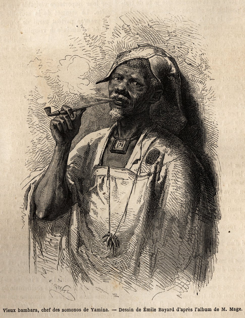 Vanha Bambara, Yaminan (Niger) heimon päällikkö polttaa piippua ja käyttää heimonsa perinteistä pääsuojusta. Kaiverrus havainnollistamaan luutnantti (laivasto) M.Magen matkaa Länsi-Sudaniin vuosina 1863-1866, julkaistu "Le tour du monde, nouveau jour" tekijältä Unknown artist