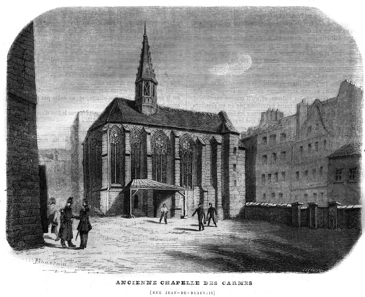 Vanha Chapelle des Carmes rue Jean de Beauvais Pariisissa 5. kaupunginosassa. Kaiverrus vuodelta 1858. tekijältä Unknown artist