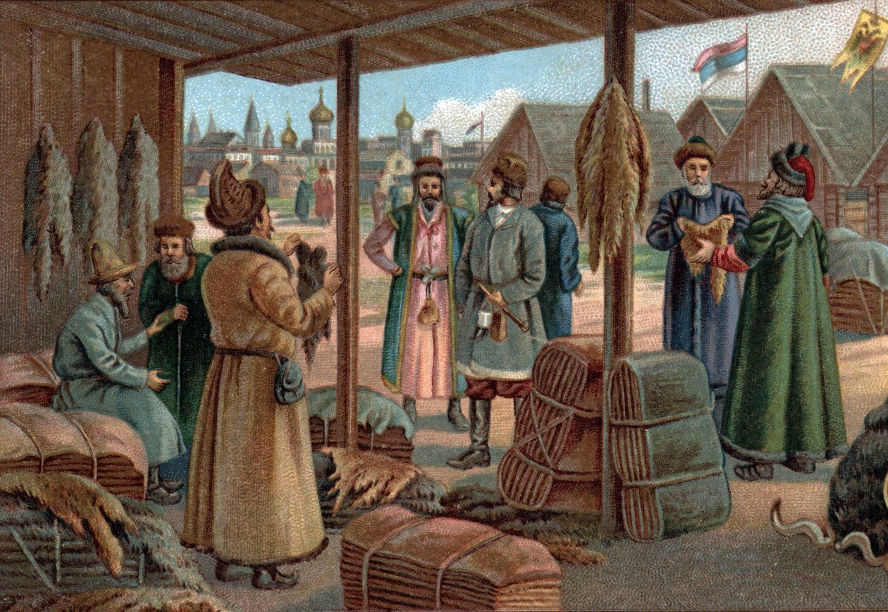 Vanhat ostoskeskukset: Turkismessut Novgorodissa (Veliky Novgorod), Venäjä 1800-luvulla. 1800-luvun lopun kromolitografia tekijältä Unknown artist