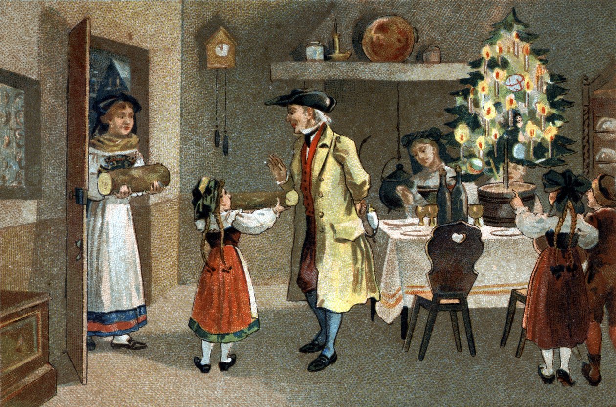 Alsacen alueella vietetty vanha tapa: joulupensas. 1800-luvun lopun kromolitografia. tekijältä Unknown artist