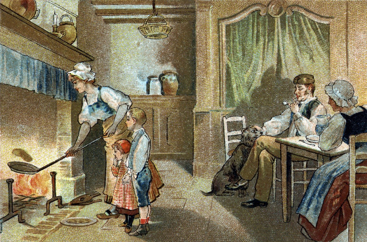 Marja-alueella juhlittu vanha tapa: kynttilänjalkaiset pannukakut. 1800-luvun lopun kromolitografia. tekijältä Unknown artist