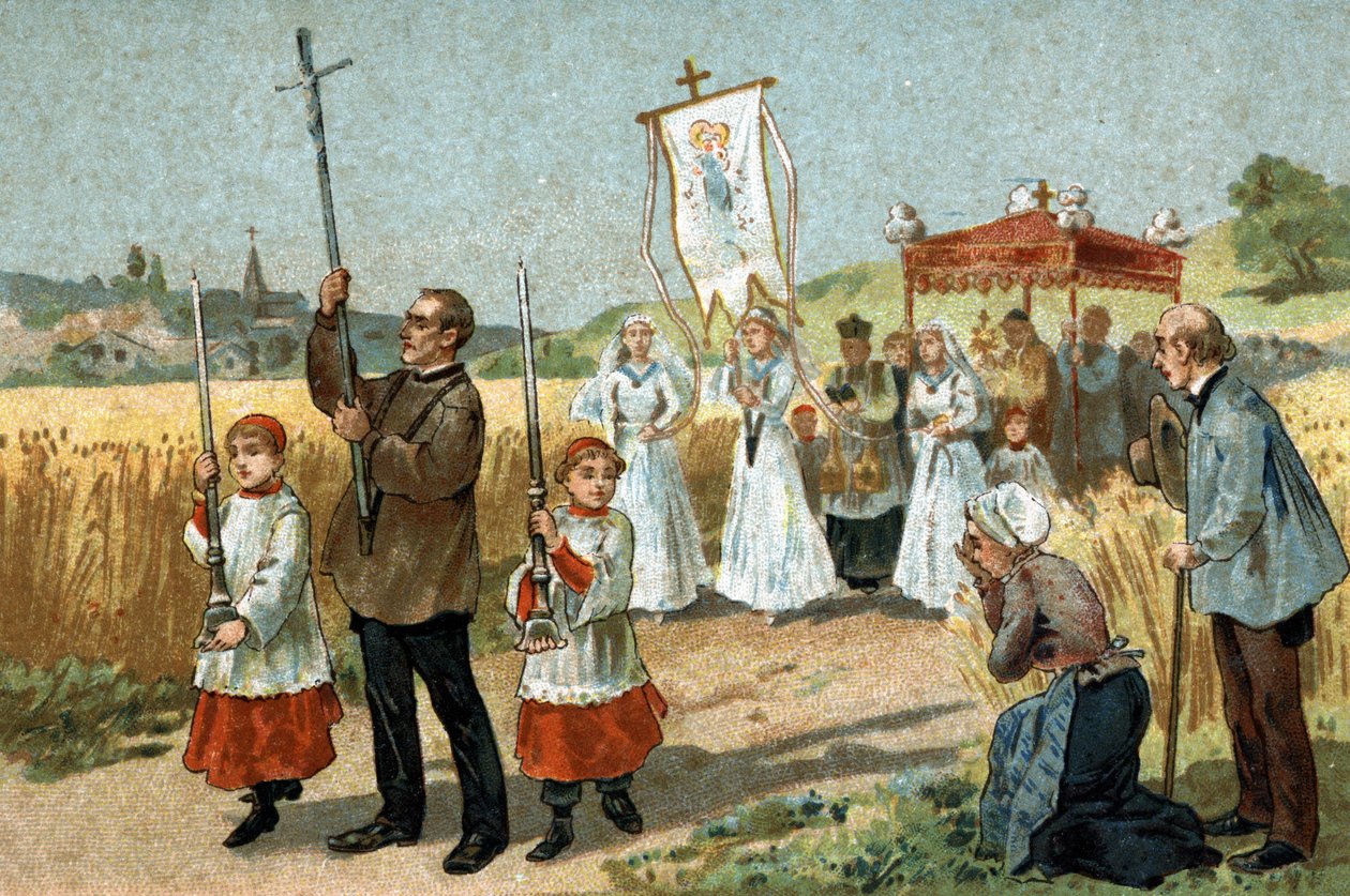 Berryn alueella juhlittu vanha tapa: kulkue vehnässä. Uskonnollinen juhla. 1800-luvun lopun kromolitografia. tekijältä Unknown artist