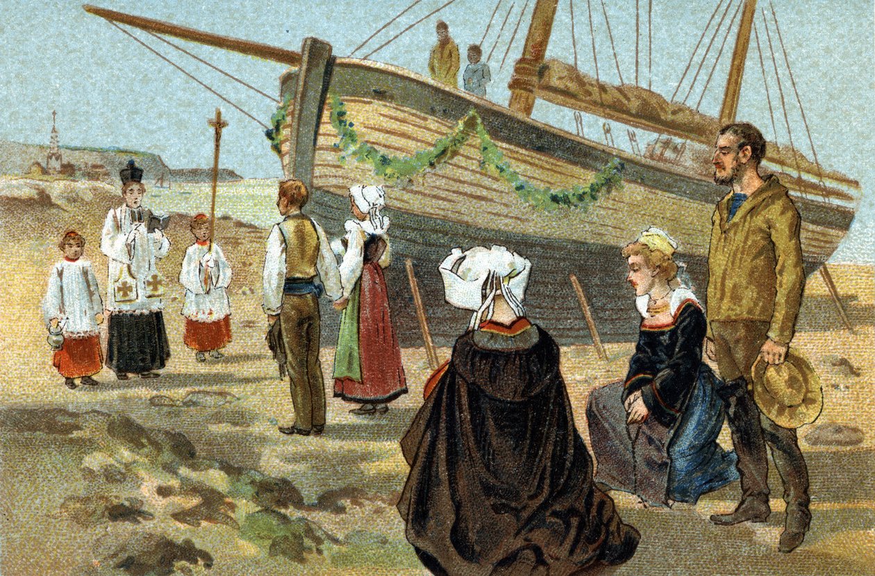 Bretagnen alueella vietetty vanha tapa: kalastusveneen kaste. 1800-luvun lopun kromolitografia. tekijältä Unknown artist