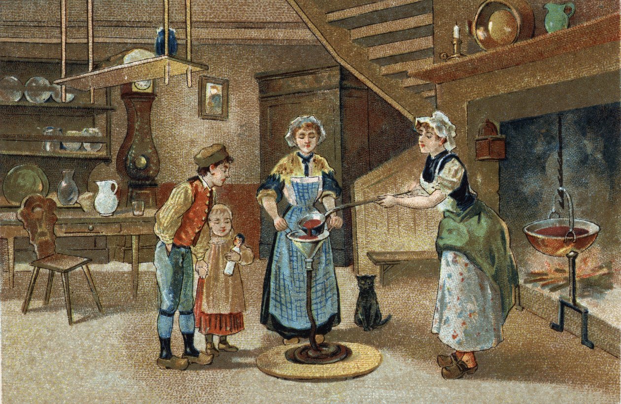 Dauphinén alueella vietetty vanha tapa: La boudinée. 1800-luvun lopun kromolitografia. tekijältä Unknown artist