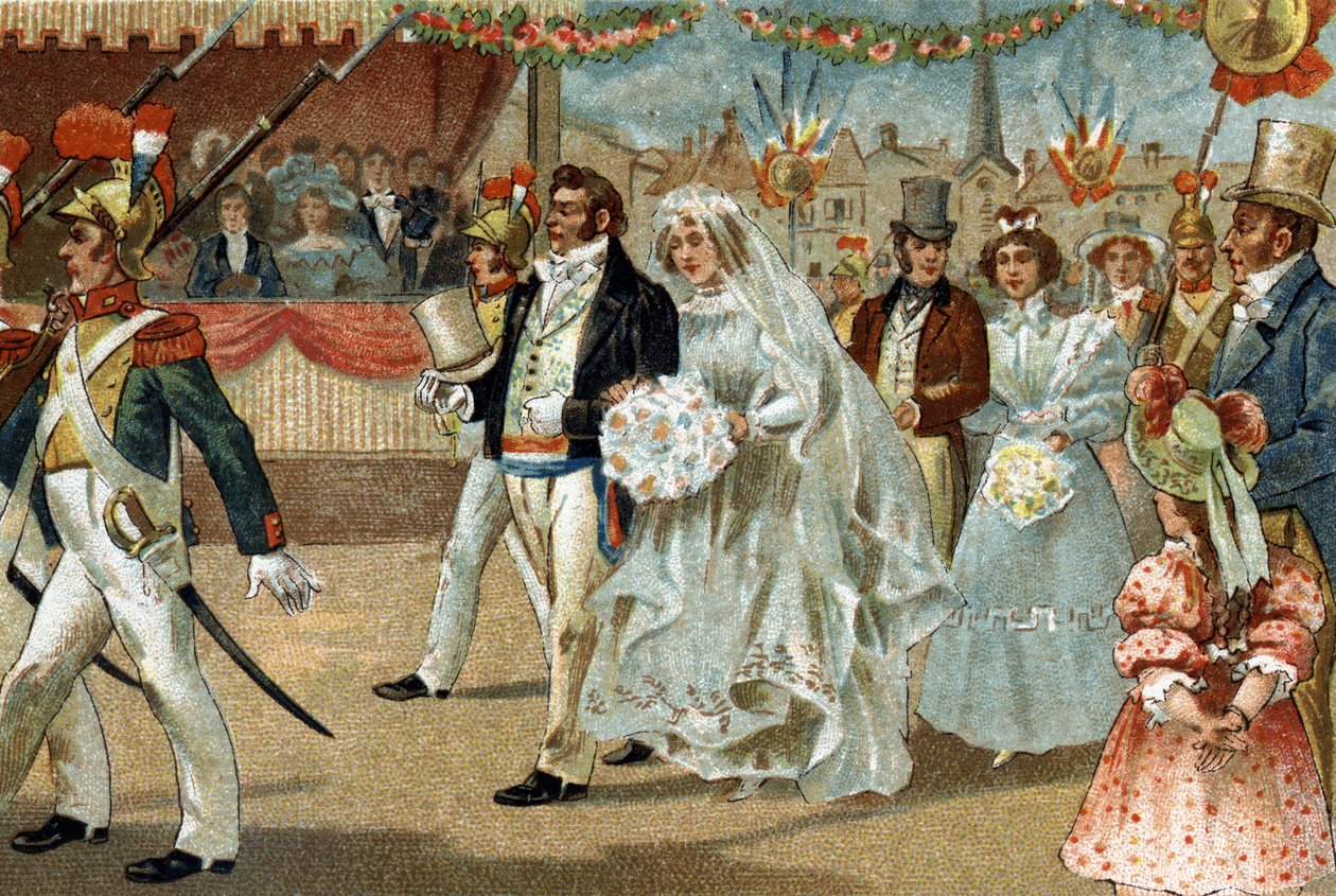Ile de Francen alueella vietetty vanha tapa: Rosière de Nanterre. 1800-luvun lopun kromolitografia. tekijältä Unknown artist