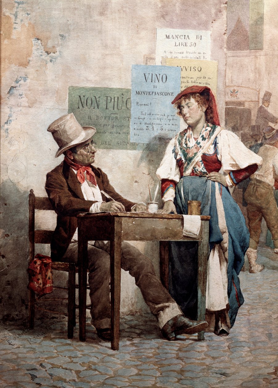 Vanha mies: julkinen kirjailija Roomassa. 1800-luvun akvarelli Rooma, Museo del Folklore tekijältä Unknown artist
