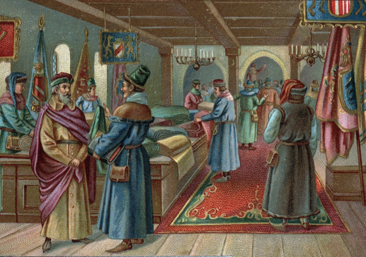 Vanhat ostoskeskukset: pellavahalli Bruggessa, Belgiassa 1400-luvulla. 1800-luvun lopun kromolitografia tekijältä Unknown artist