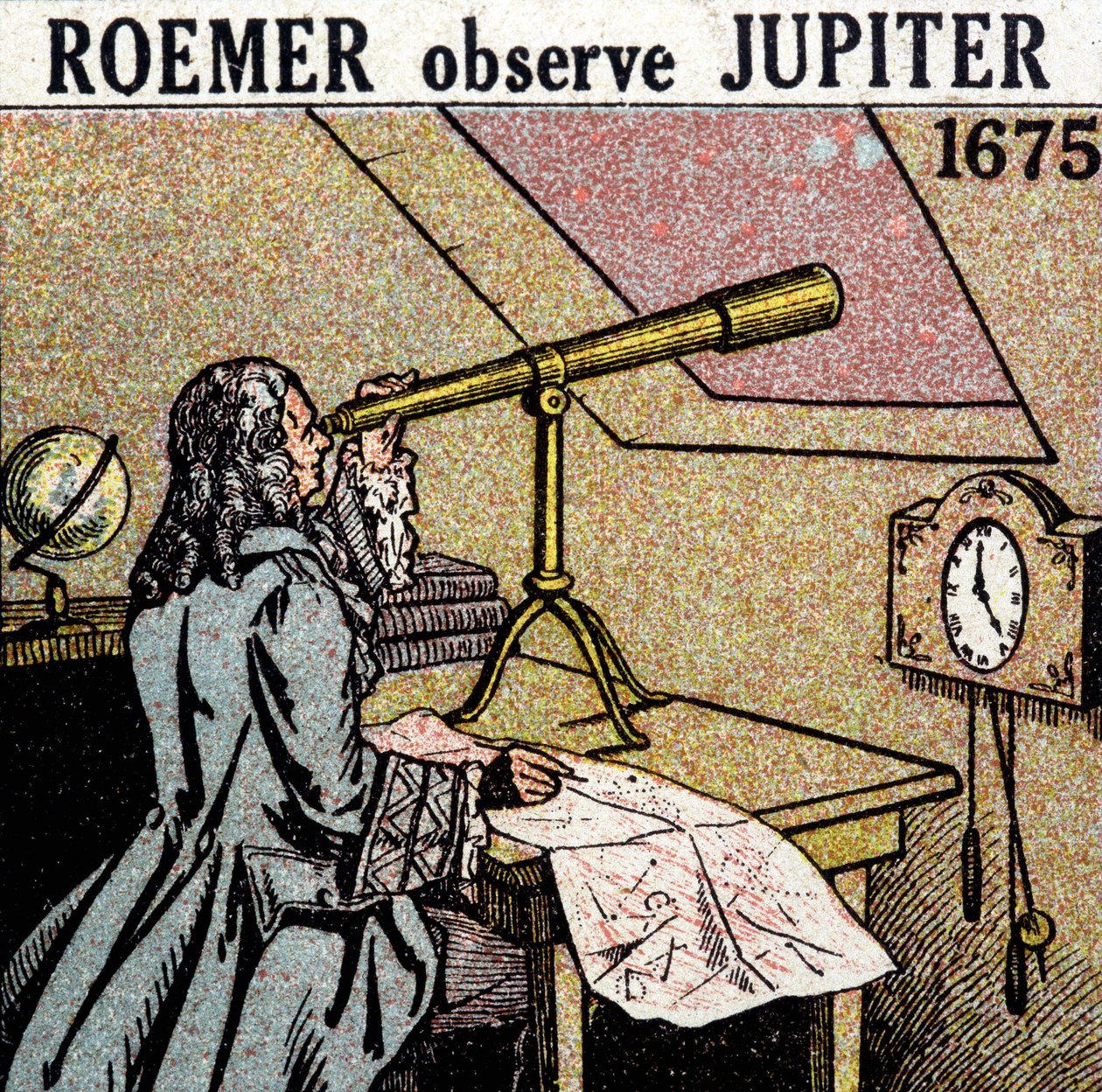 Ole Christensen Romer (Olaus Roemer), tanskalainen tähtitieteilijä (1644-1710) tarkkailee Jupiterin satelliittien pimennystä tekijältä Unknown artist