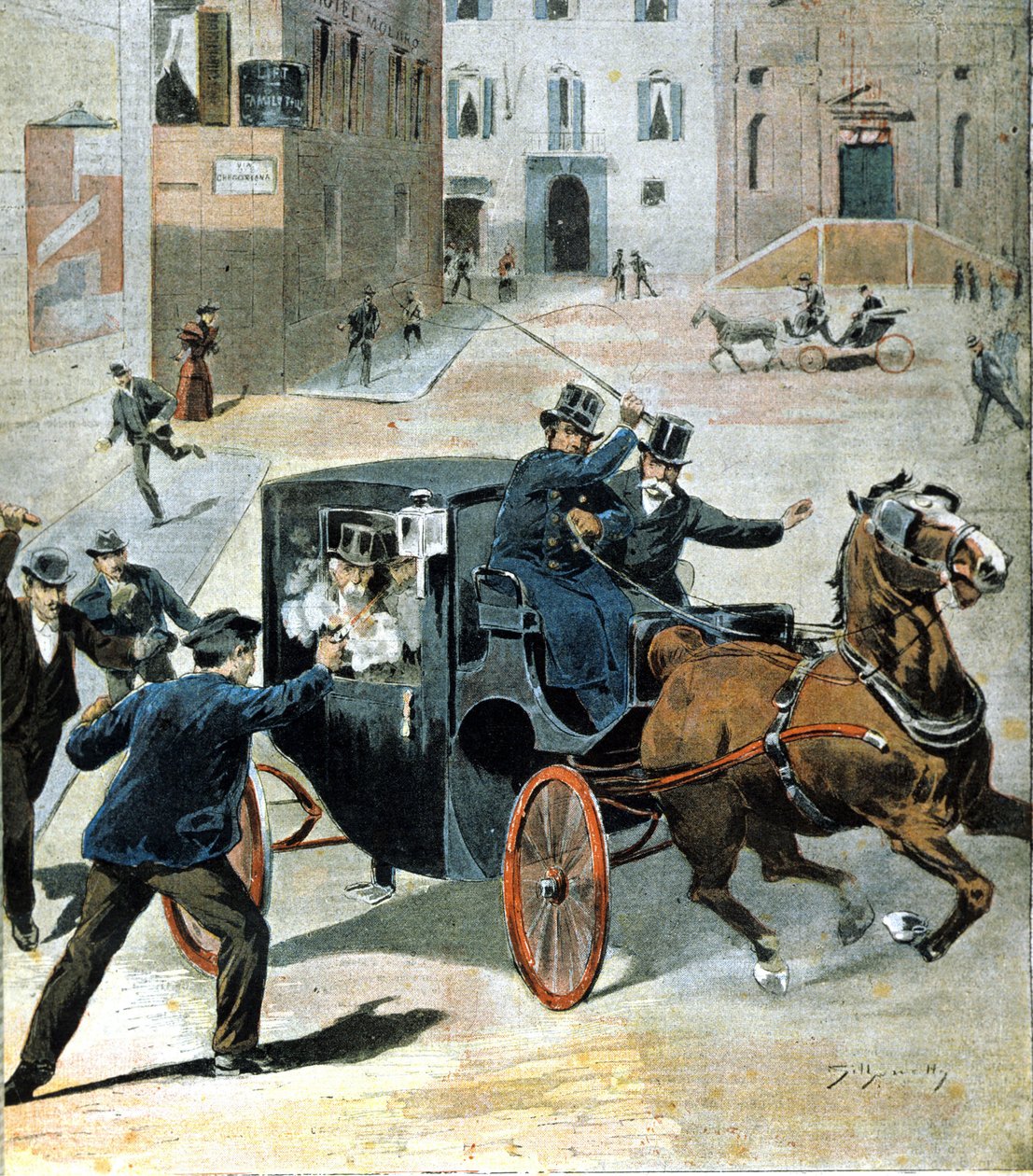 16. kesäkuuta 1894 Roomassa anarkisti Paolo Lega ampui revolverilla Italian neuvoston puheenjohtajaa Francesco Crispiä. Kuva ajanjaksosta. tekijältä Unknown artist