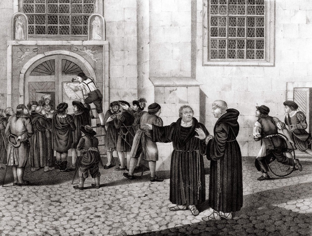 31.10.1517 Luther julkaisi Wittenbergin linnan porteille 95 teesiään "", jotka tuomitsivat ammojen myynnin ja jotka merkitsivät uskonpuhdistuksen alkua - grav. tekijältä Unknown artist
