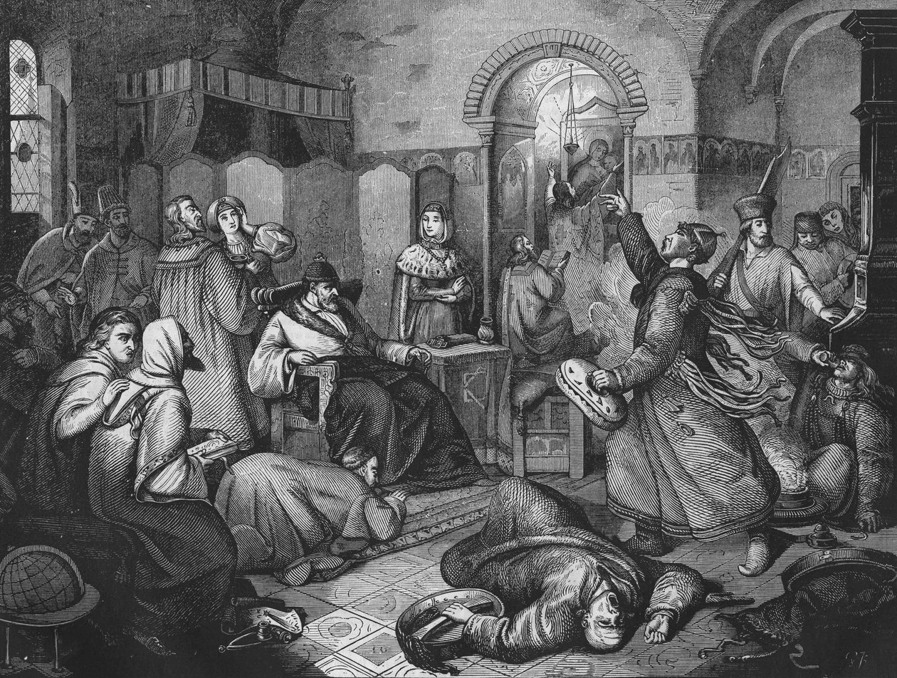 Ivan IV Kamalan (1530-1584), Venäjän tsaarin ja suuren prinssin viimeisenä päivänä, hänen vieressään hänen kaunis tyttärensä. kaiverrus vuodelta 1860. tekijältä Unknown artist