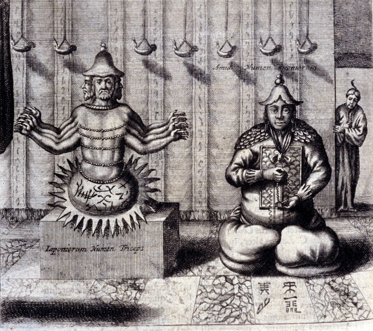 Vasemmalla hindujumalalla on kahdeksan käsivartta, oikealla Amida, japanilainen Buddha. Athanasius Kircherin (1601 - 1680), jesuiitta, orientalisti ja saksalainen tutkija, "De China Monumenta", Amsterdam 1667. tekijältä Unknown artist