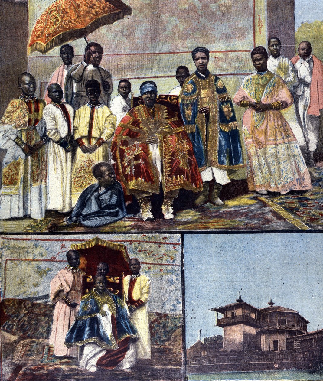 Päällä on Etiopian Impress Taitou, Menelik II:n vaimo ja hänen jatko-osa. Vasemmalla on hänen tyttärensä, tuleva kuningatar Zaouditou (1876 - 1930). Oikealla keisarillinen palatsi Ghebi Addis Abebassa. Ill. 1800-luvun lopun lehdistölle. tekijältä Unknown artist