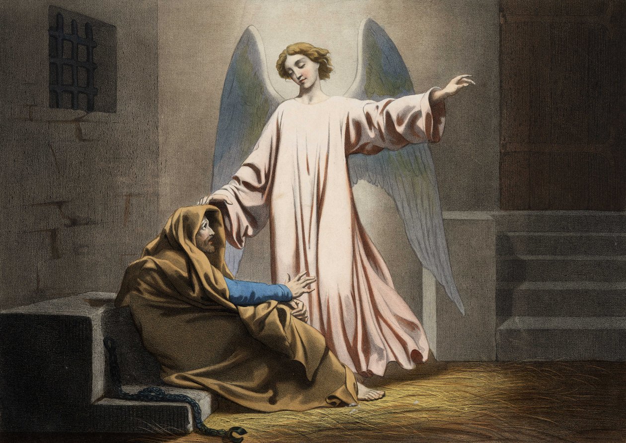 Pysähdyttyään kahdesti enkeli vapauttaa pyhän Pietarin. Anonyymi kaiverrus 1800-luvun puolivälistä. tekijältä Unknown artist