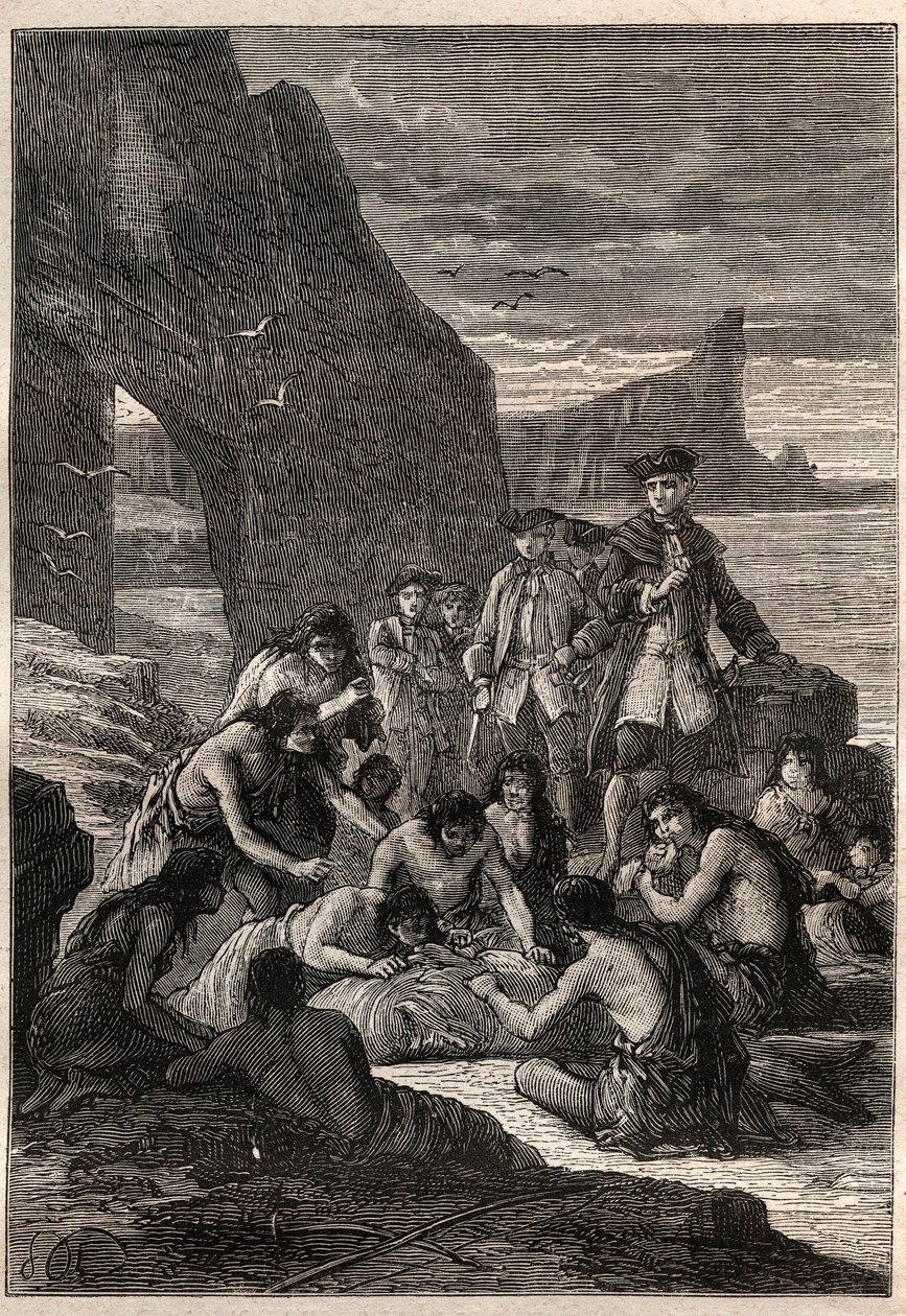 Yksi niistä irrotettu hampaista: Vara-amiraali John Byron (1723-1786) yhdellä Magellanin Detroitin saarista - Fuegians (Tierra del Fuegon asukkaat) purkaa hampaillaan repeytyneen ja kivettyneen valaan. rannalla - sairas tekijältä Unknown artist