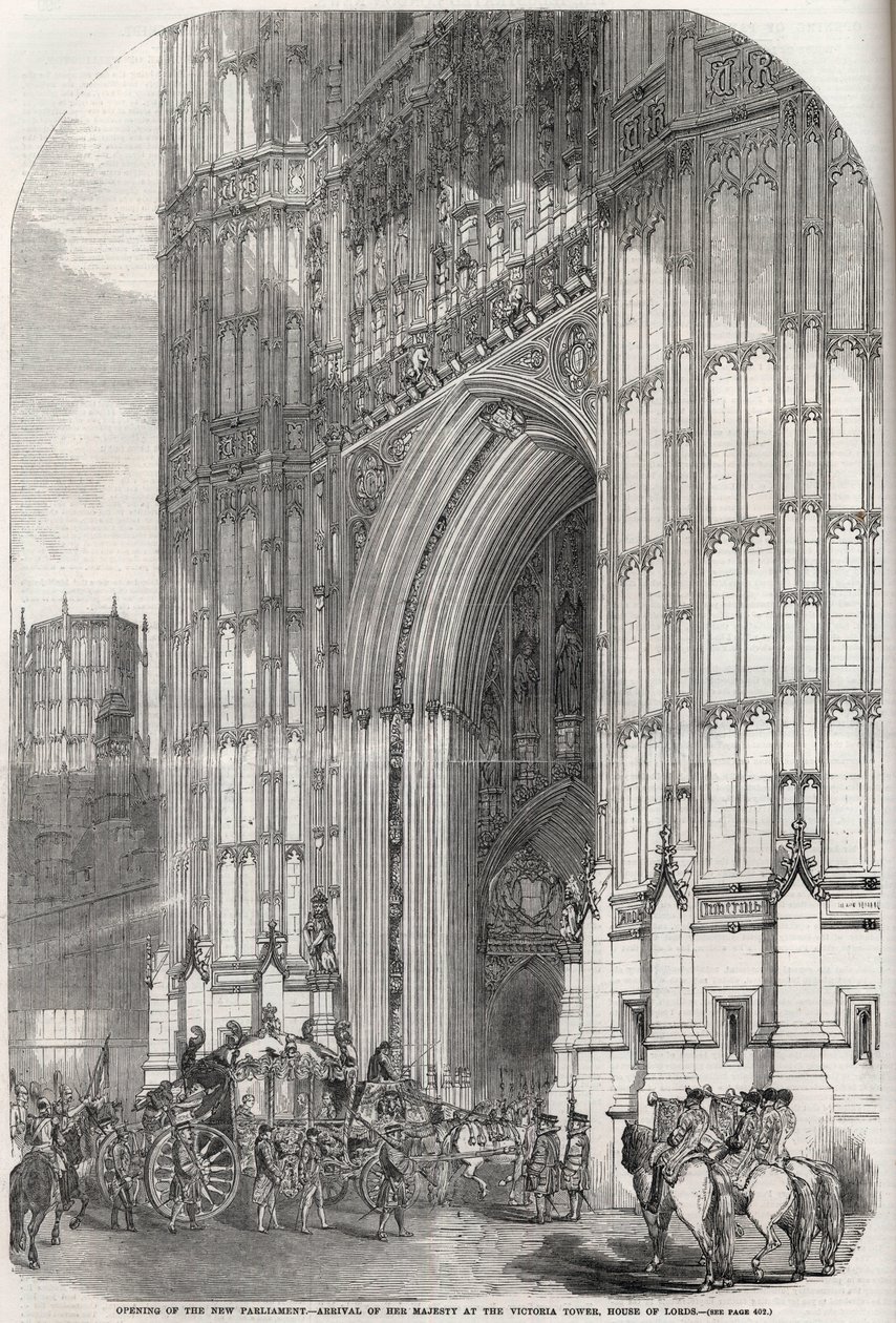 Uuden parlamentin avajaiset - hänen majesteettinsa saapuminen Victoria-tornille, House of Lords 1852 tekijältä Unknown artist