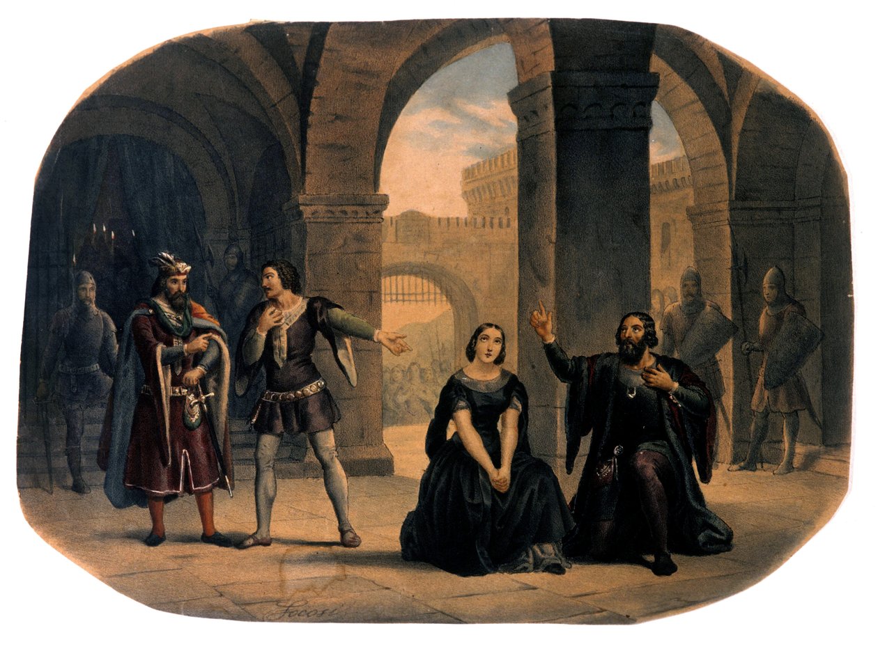 Giuseppe Verdin säveltämä oopperalava "I vespri siciliani" (Sisilialainen vespers). kromolitografia 1800-luvun lopulta. tekijältä Unknown artist