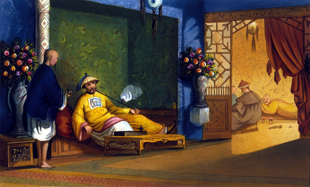 Oopiumfumery Kiinassa, kaiverrus noin 1830. tekijältä Unknown artist