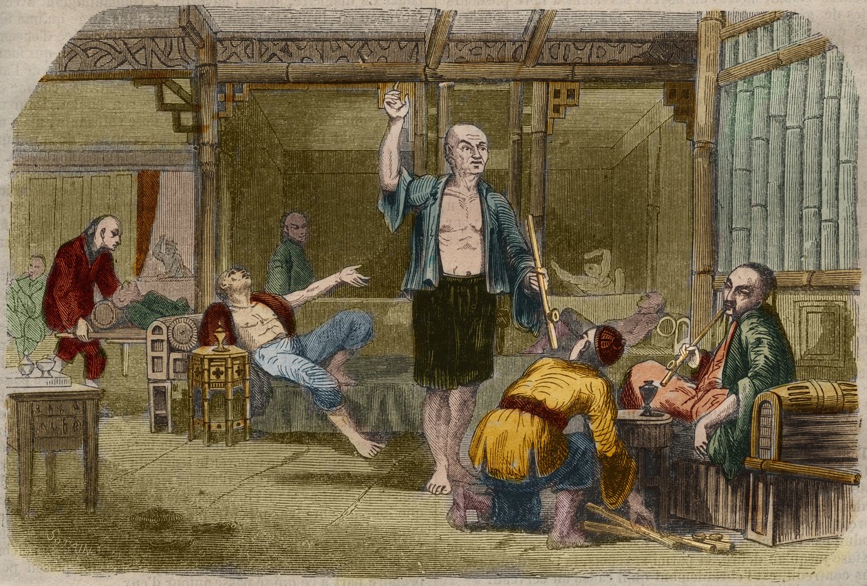 Oopiumin tupakoitsijat Kiinassa 1800-luvun puolivälissä. Kaiverrus vuodelta 1857 "" Le Musee Des Sciences "" tekijältä Unknown artist