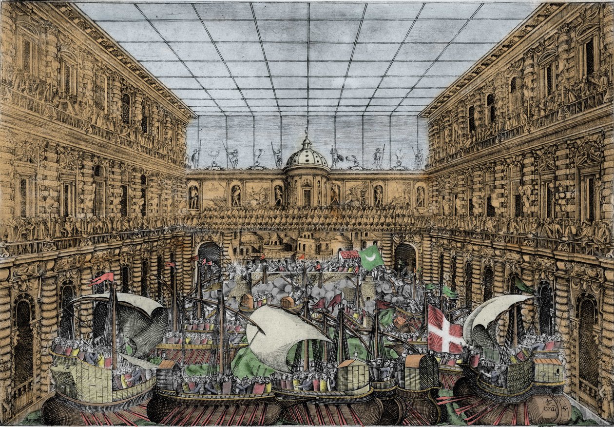 Orazio Scarabelli, Naval Battle Show (naumachia) kohoaa Palazzo Pittin pihalla Firenzessä (Medicin perheen kuninkaallinen palatsi, Toscanan suurherttuat) Naumachia Palazzo Pittin pihalla, Firenzessä tekijältä Unknown artist