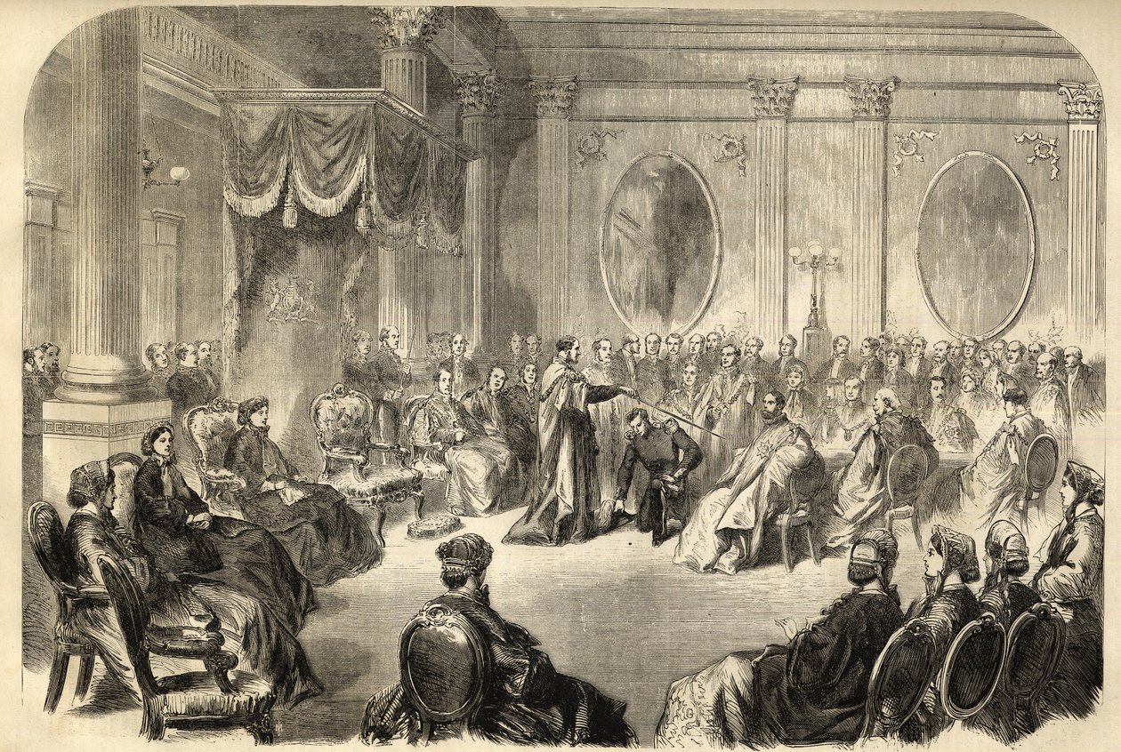Pyhän Patrickin ritarikunta - maineikkain Pyhän Patrickin ritarikunta - Ritarin virkaan asettaminen Pyhän Patrickin ritarikuntaan Dublinissa, Irlannissa 19. - kaiverrus 1866 tekijältä Unknown artist