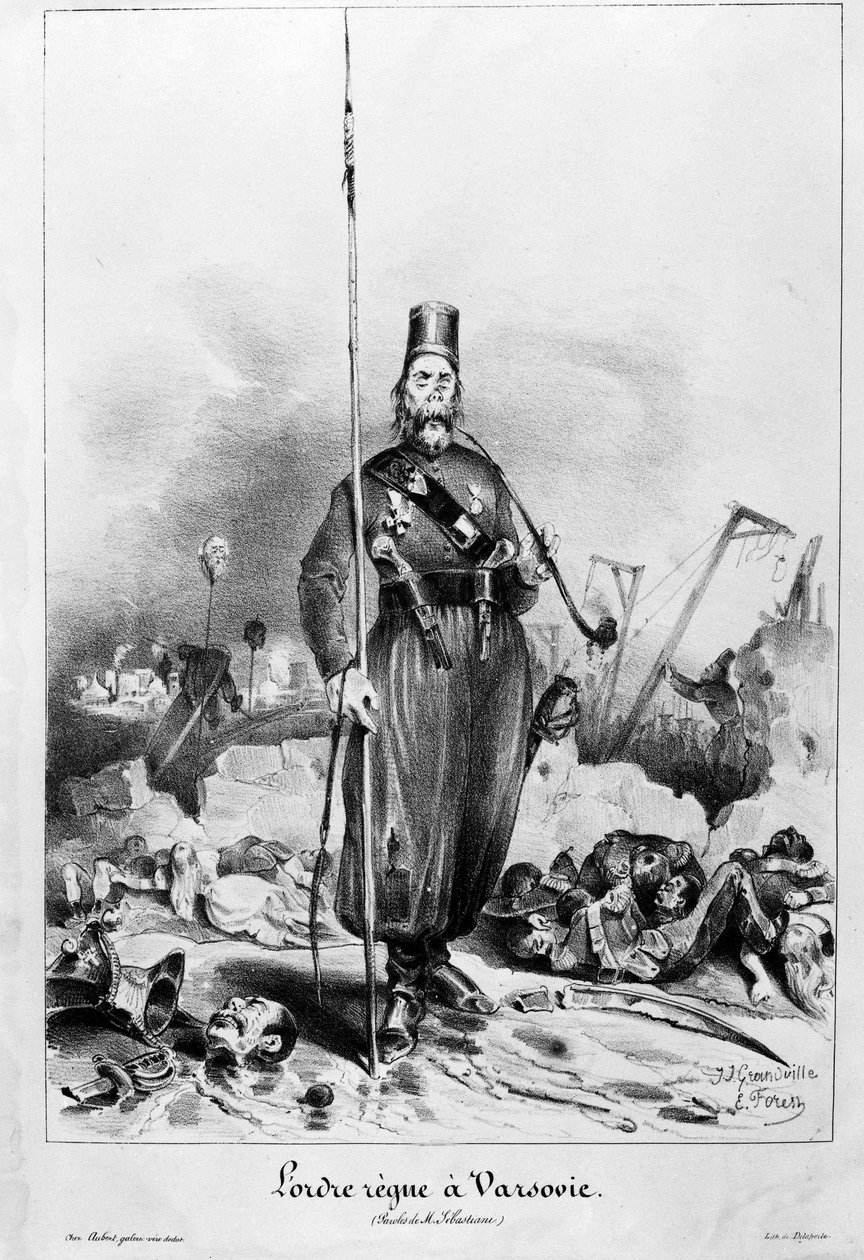 Varsovassa vallitsee järjestys. Sarjakuva Grandvillestä ja Forestista marsalkka Sebastiani de la Portan (1772-1851) sanoilla (ministeri ja Louis Philippen suurlähettiläs). tekijältä Unknown artist