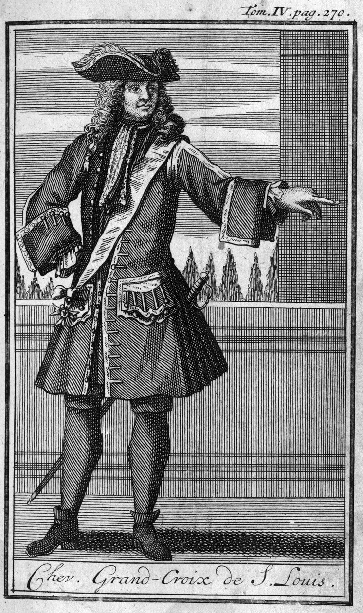 Ritarikunnan ritarikunta. Chevalier-suurristi Saint Louisin Ranskassa 1600-luvulla. Kirjassa "" Tähän mennessä perustettujen sotilaallisten ritarien tai ritarien, molempien sukupuolten sekulierien ja vakituisten miliisien historia. Painos otettu Abbe Giust tekijältä Unknown artist