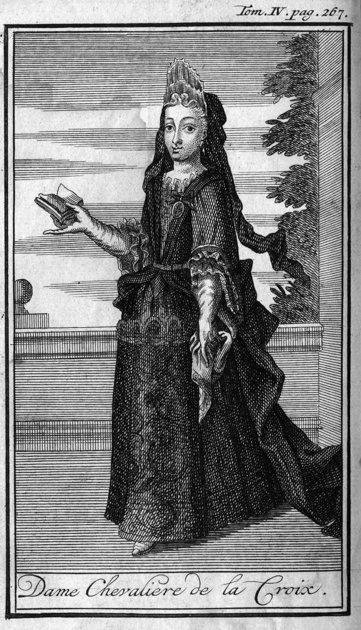 Ritarikunnan ritarikunta. Lady Chevaliere of the Cross Itävallassa 1600-luvulla. Kirjassa "" Sotilaallisten ritarien tai ritarien historia, molempien sukupuolten turvalliset ja rutiininomaiset miliisit, jotka on perustettu tähän mennessä. Painos otettu Abb tekijältä Unknown artist