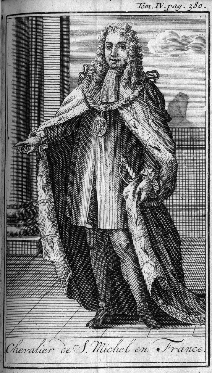 Knight.Chevalier de Saint Michelin ritarikunnat Ranskassa 1400-luvulla. Kirjassa "" Tähän mennessä perustettujen sotilasritarikuntien tai ritarien, molempien sukupuolten sekulierien ja vakituisten miliisien historia. Painos otettu Abbe Giustinianilta, R.P. tekijältä Unknown artist
