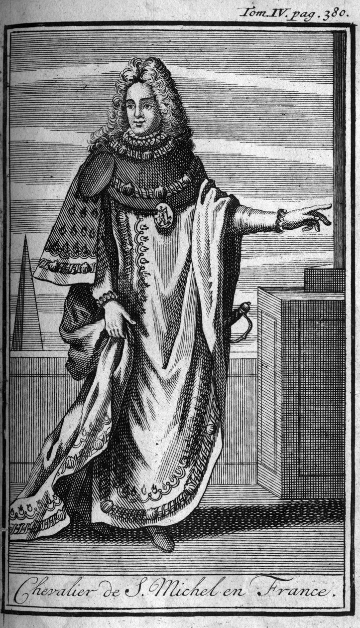 Ritarin ritarikunta. Chevalier de Saint Michel Ranskassa 1400-luvulla. Kirjassa "" Sotilaallisten ritarien tai ritarien historia, molempien sukupuolten turvalliset ja rutiininomaiset miliisit, jotka on perustettu tähän mennessä. Painos otettu Abbe Giustini tekijältä Unknown artist