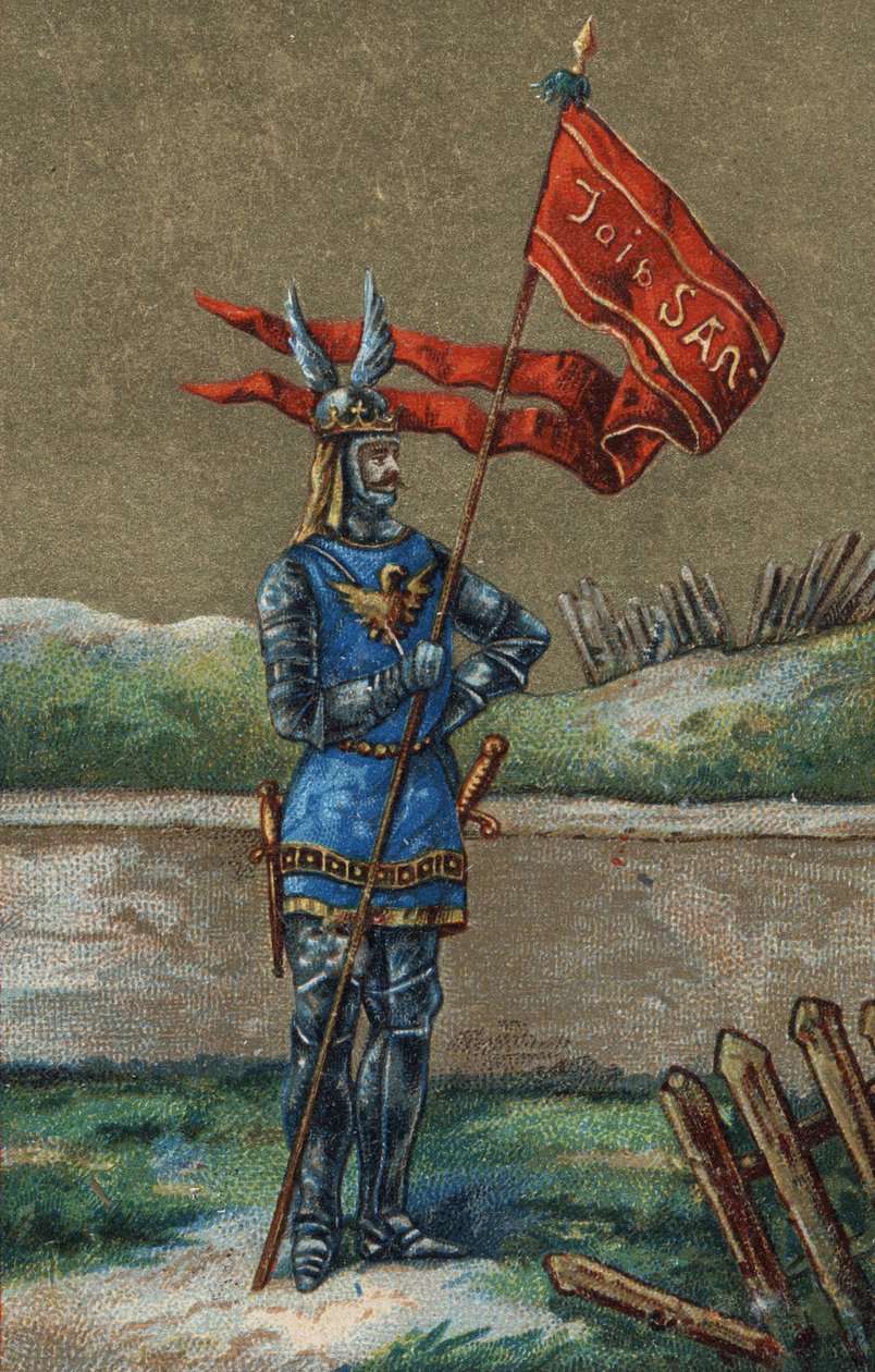 Oriflame tai Ranskan kuninkaan Kaarle V:n (1364-1380) lippu. 1800-luvun kromolitografia. tekijältä Unknown artist