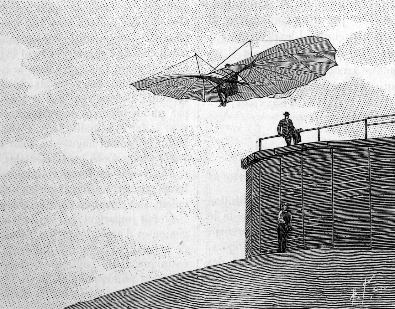Otto Lilienthal (1848-1896), saksalainen ilmailun pioneeri, hyppäämässä puisesta tornistaan lentävällä lentokoneella (pikakuvasta). Kaiverrus "" La Nature: revue des sciences et de leurs applications aux arts et a l