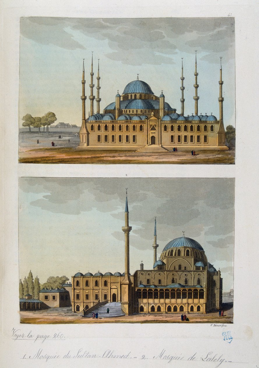 Ottomaanien valtakunta: Sulttaani Ahmet (Ahmed) I:n rakentama Sininen moskeija (tai Sultanahmet Camii) ja Lalelin moskeija Istanbulissa - Ferrarion ed. tekijältä Unknown artist
