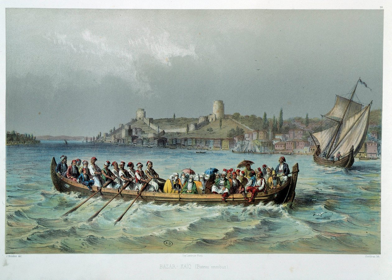 Ottomaanien valtakunta: omnibus-vene Konstantinopolissa (Istanbul). 1800-luvun litografia. Decorative Arts, Pariisi tekijältä Unknown artist