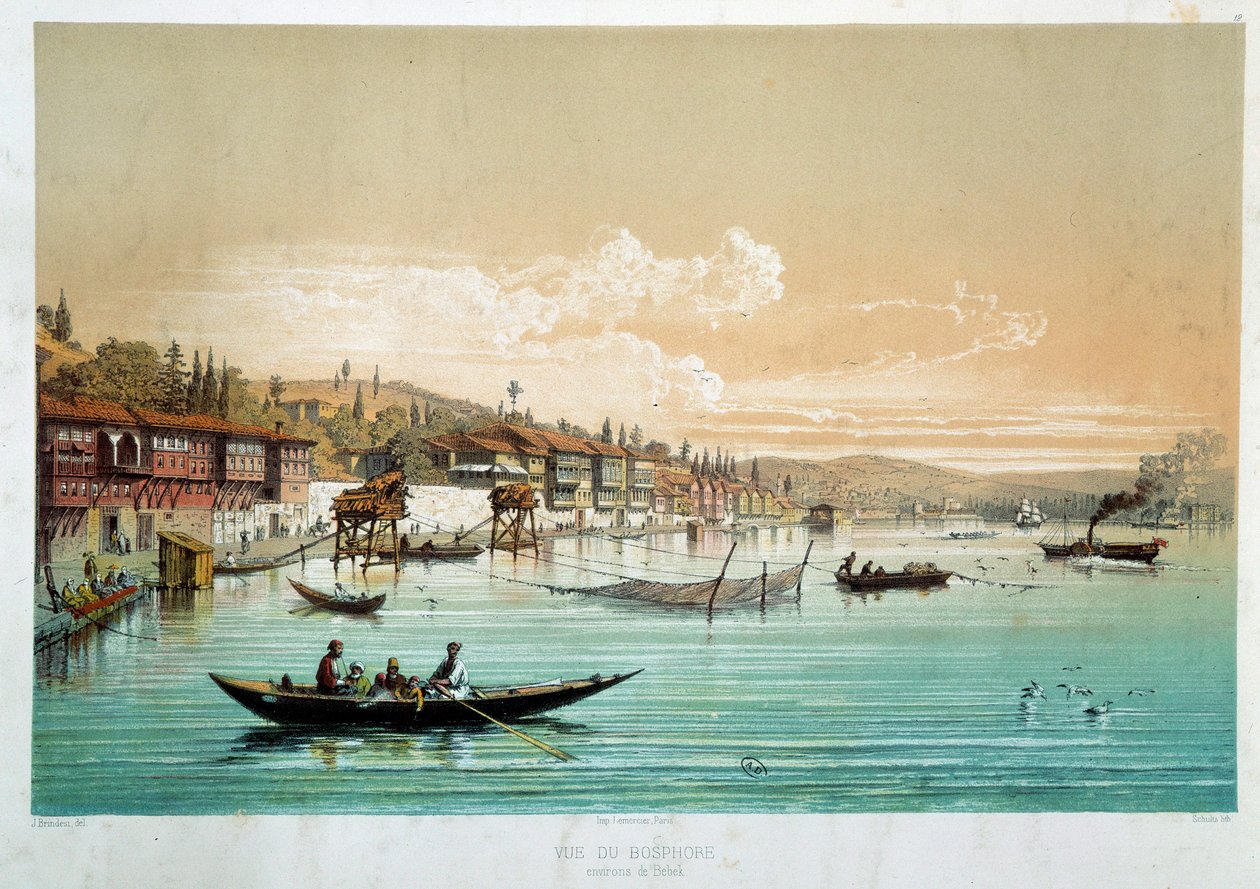 Ottomaanien valtakunta: "" näkymä Bosporinsalmelle Bebekin läheisyydessä Turkissa"" Kalastuskohtauksia. Kaiverrus 1800-luvun Pariisista, Koristetaide tekijältä Unknown artist
