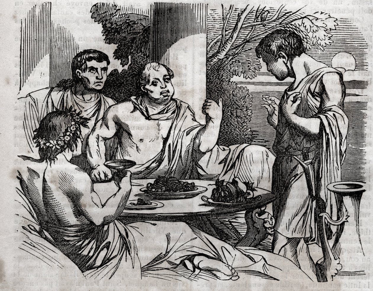 Juhlajuhla ulkona - Vitellius (Aulus Vitellius Germanicus Imperator Augustus) Rooman keisari (15-69) pitämään juhlaa - kaiverrus kirjaan "Universal Health - Medical Guide for Families" 1852 tekijältä Unknown artist