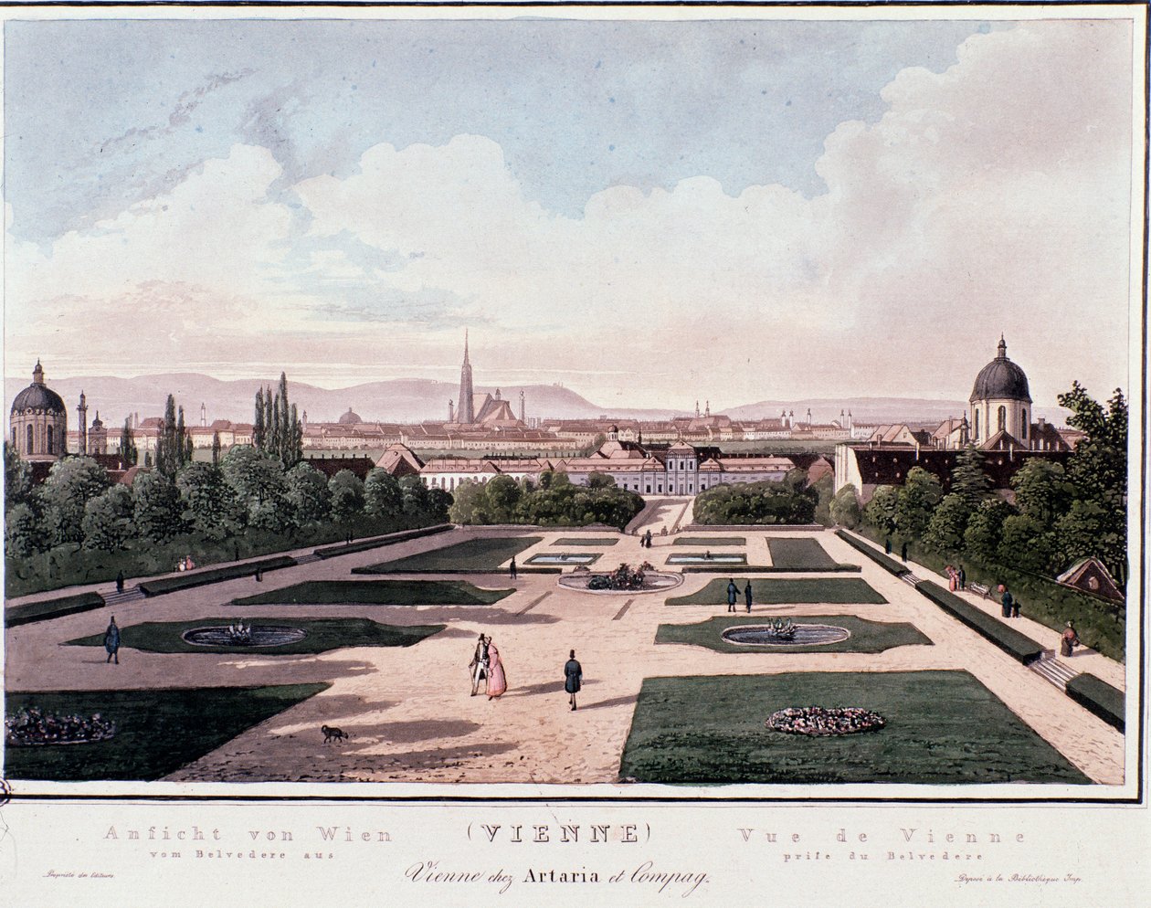 Wienin yleiskatsaus Belvederestä, Itävallasta. Kaiverrus vuodelta 1830 Yksityinen kokoelma tekijältä Unknown artist