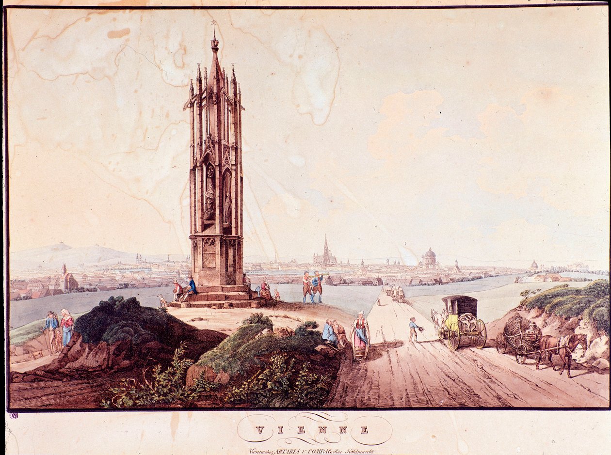 Yleiskatsaus Wienin kaupunkiin, jossa on Tonavan ylittävä silta. Itävalta Kaiverrus 1800-yksityiskokoelmasta tekijältä Unknown artist