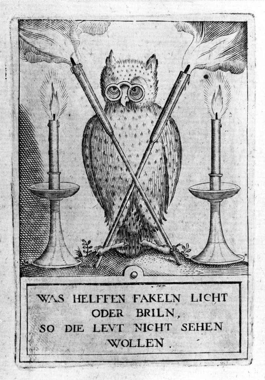 Pöllö lasilla, viisauden symboli. Kaiverrus "Amphitheatrum sapientiae aeternae". (Iankaikkisen viisauden amfiteatteri) (Hamburg: n.n. tekijältä Unknown artist