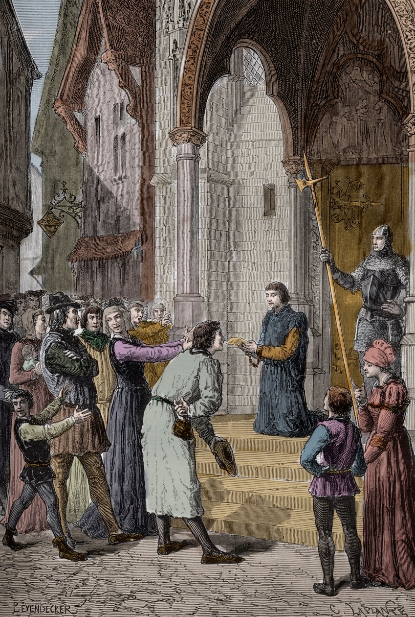 PERKIN WARBECK (c1474-1499) flaamilainen huijari; väitti olevansa Richard, Yorkin herttua, toinen Edward Ivin pojista - Lukiessaan tunnustuksensa Westminster Hallin ulkopuolella Lontoossa tekijältä Unknown artist