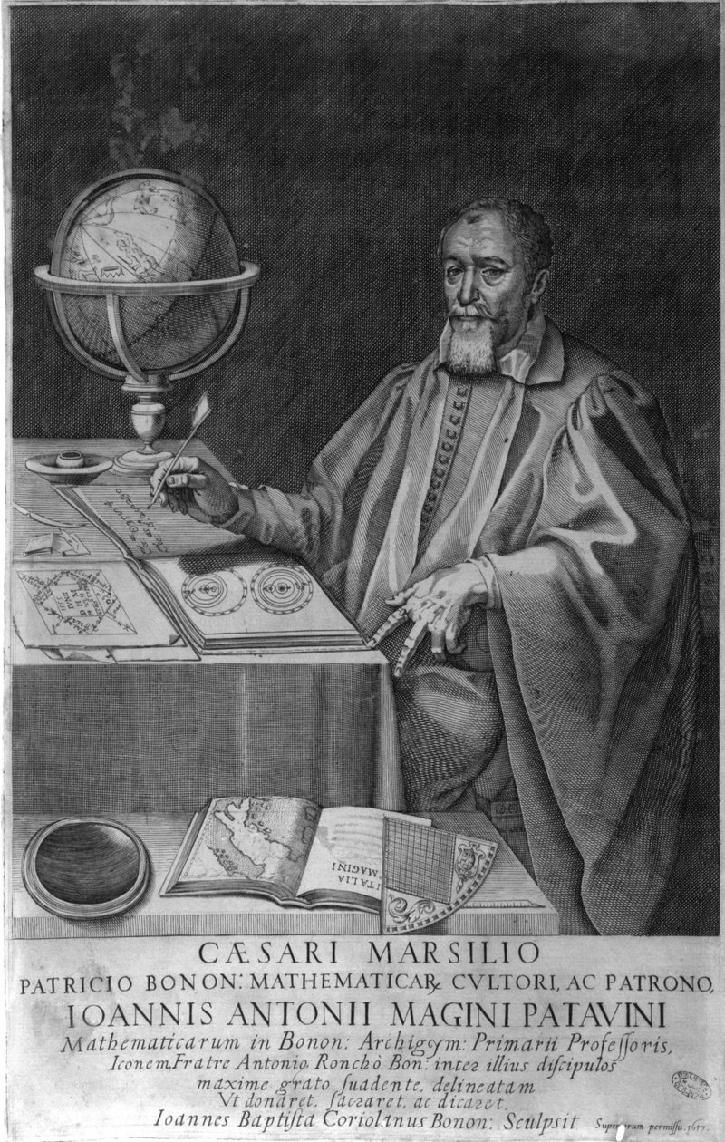 Padova Giovanni Luciano Magini (latinaksi Antonio Maginus), 1500-1600-luvun matemaatikko ja tähtitieteilijä toimistossaan tähtitieteilijöiden laitteilla. Kaiverrus 1617. tekijältä Unknown artist