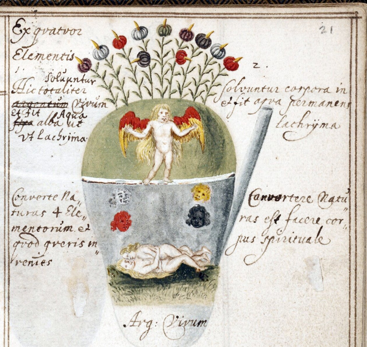 Sivu alkemiamuistikirjasta, pariskunta ja enkeli - Johann Grasshoffin työ (Grasshof tai Grasse) (1560-1623), akvarelli pergamentille (14,6x10 cm), noin 1620 - (Alkemiallinen muistikirja, J. Grasshoffin vesiväri pergamentille , n. 1620) - Yalen yliopisto, N tekijältä Unknown artist
