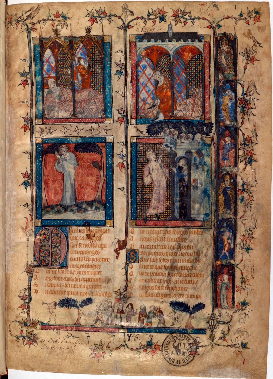 Valaistu sivu Guillaume de Lorrisin (noin 1200-1238) ja Jean de Meunin (Meung) (1240-1305) käsikirjoituksesta "Le Roman de la Rose" noin 1353 Sveitsin Bibliotheque de Geneve tekijältä Unknown artist