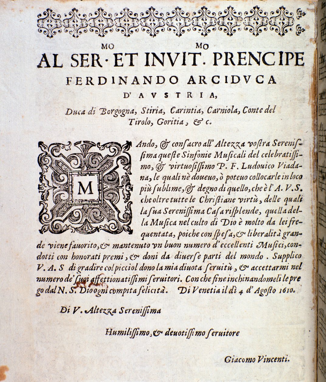 Itävallan Ferdinandille vihkiytymissivu Ludovico Viadanan sinfonioiden partituurissa tekijältä Unknown artist