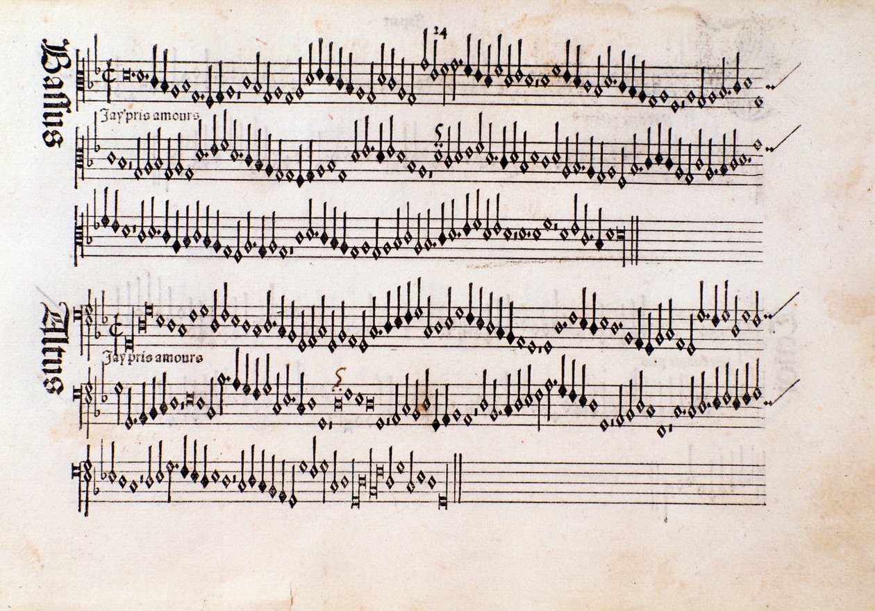 Sivu: Ottaviano Petruccin musiikillinen partituuri Harmonice Musices Odhecaton (1501) tekijältä Unknown artist