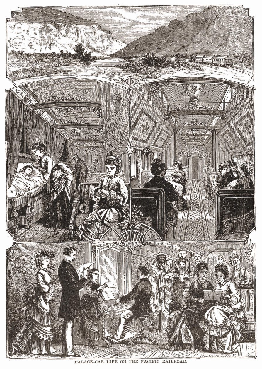 Palatsi-autoelämää Pacific Railroadilla, kaiverrus sd. 1800-luvulla. tekijältä Unknown artist