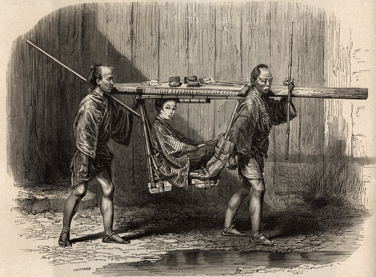 Palanquin on ihmisten käytössä, avoin, käyttäjä laittaa tavaransa katolle ennen kuin asettuu asumaan matkaansa. Kaiverrus havainnollistamaan matkaa Japaniin vuosina 1863-1864, Sveitsin valaliiton ministeri Aime Humbert kirjassa "Le tour du monde" tekijältä Unknown artist
